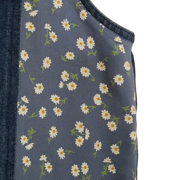 Vintage Women's L Denim Vest Patchwork Daisy Gingham Plaid Flap Pockets Cottage - Picture 4 of 5